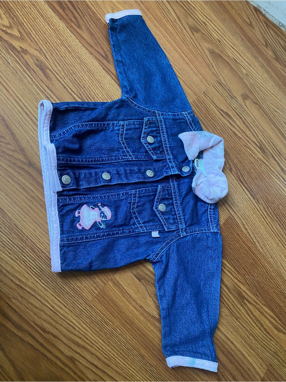 Y2K Faded Glory Dark Blue Denim Jacket with Pink Trim and Embroidery